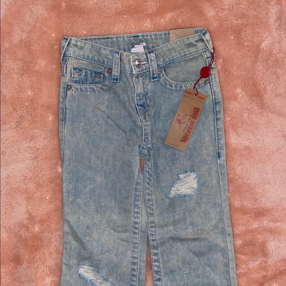 True Religion Light Blue Distressed Straight Leg Jeans
